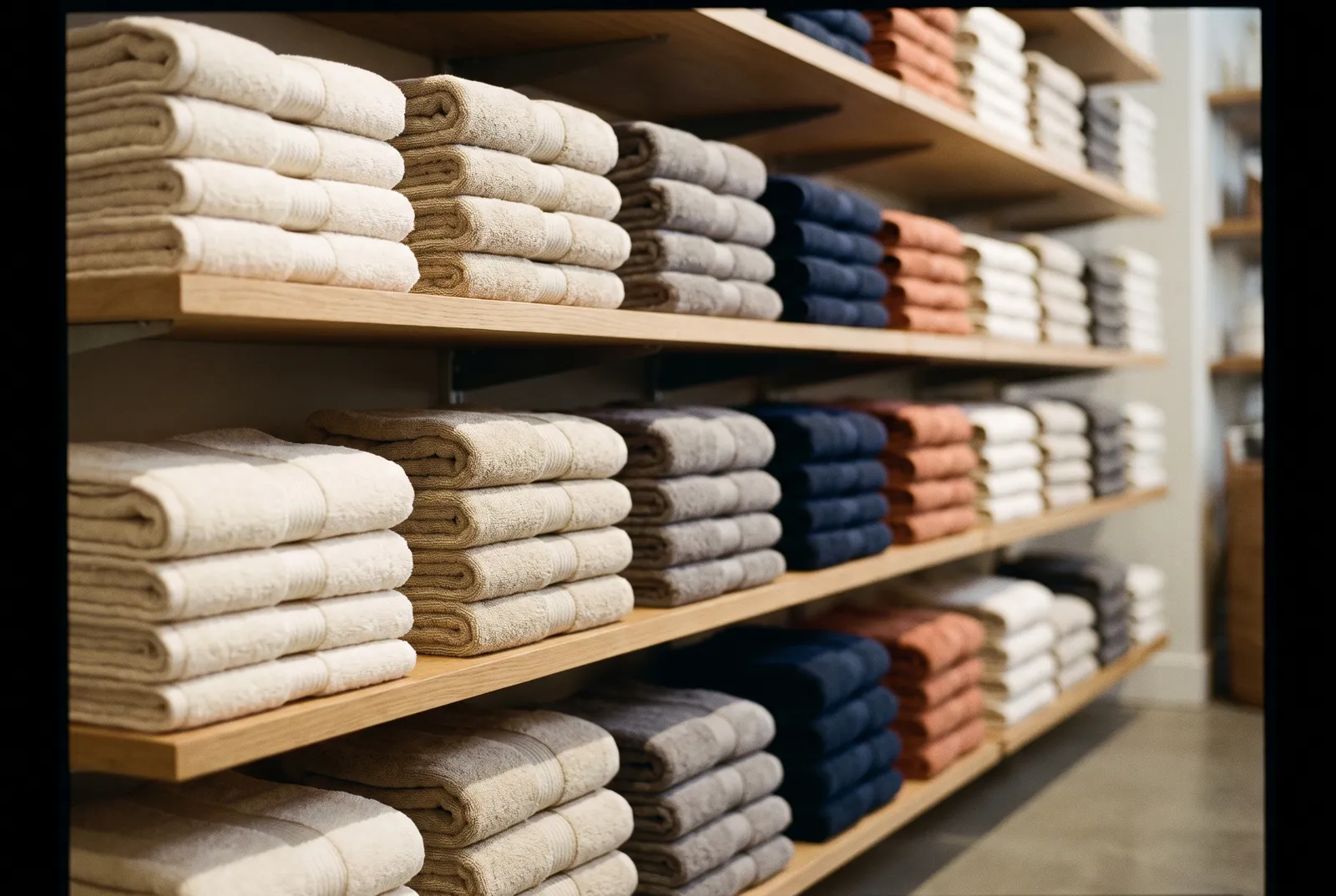 Folded towels on boutique shelves