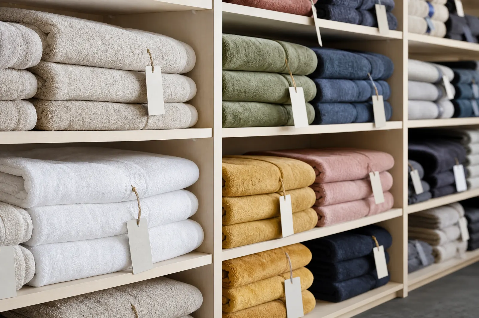 Tidy shelves of plush towels in mixed colours with blank tags