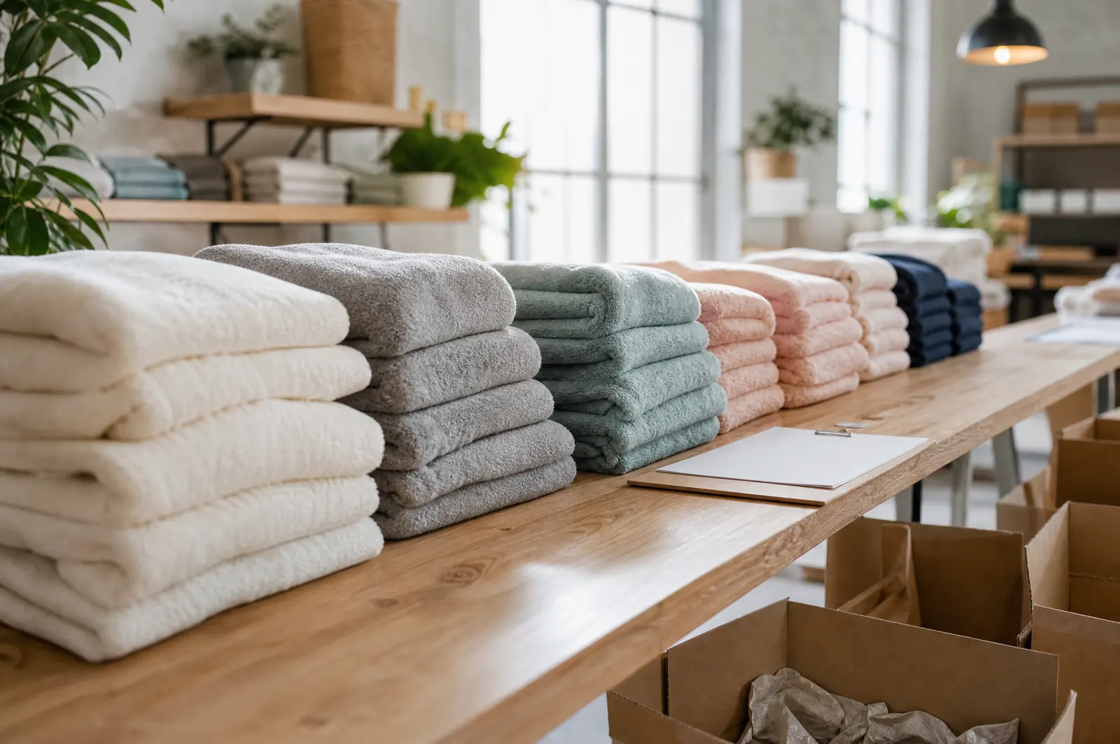 Plush towels sorted into neat piles by colour on a long timber table