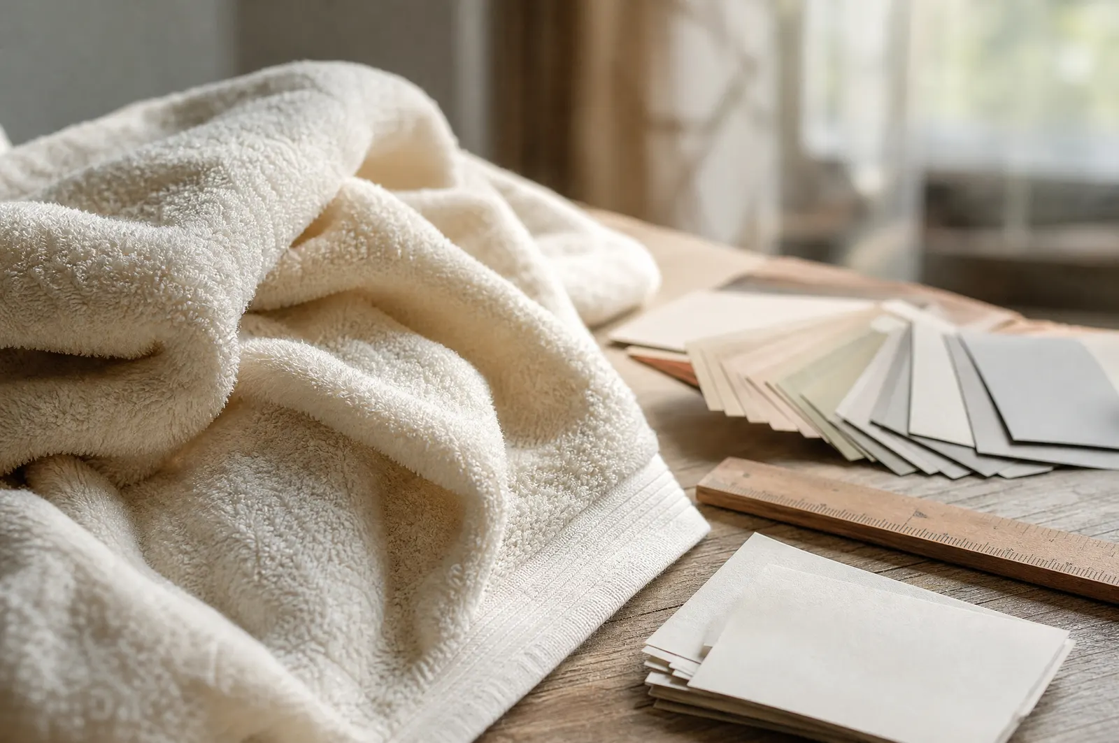 A plush cream towel with colour swatch cards and a wooden ruler on a designer's table