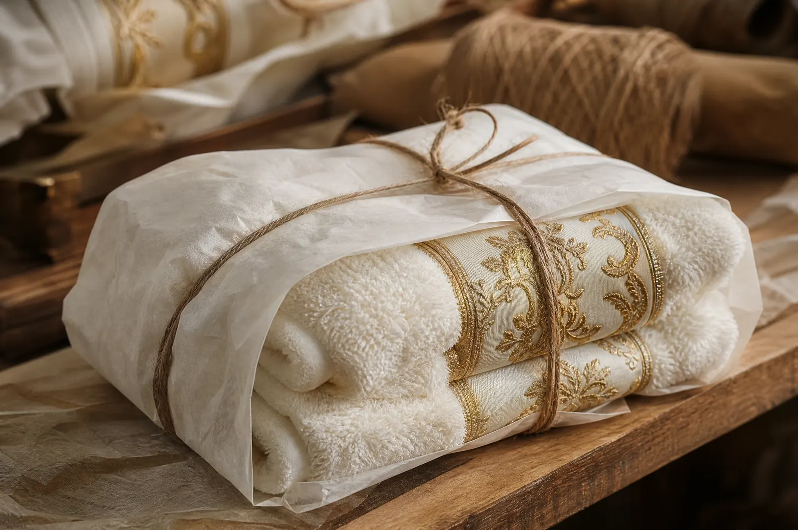 Plush towels with gold embroidered borders wrapped in tissue and tied with twine