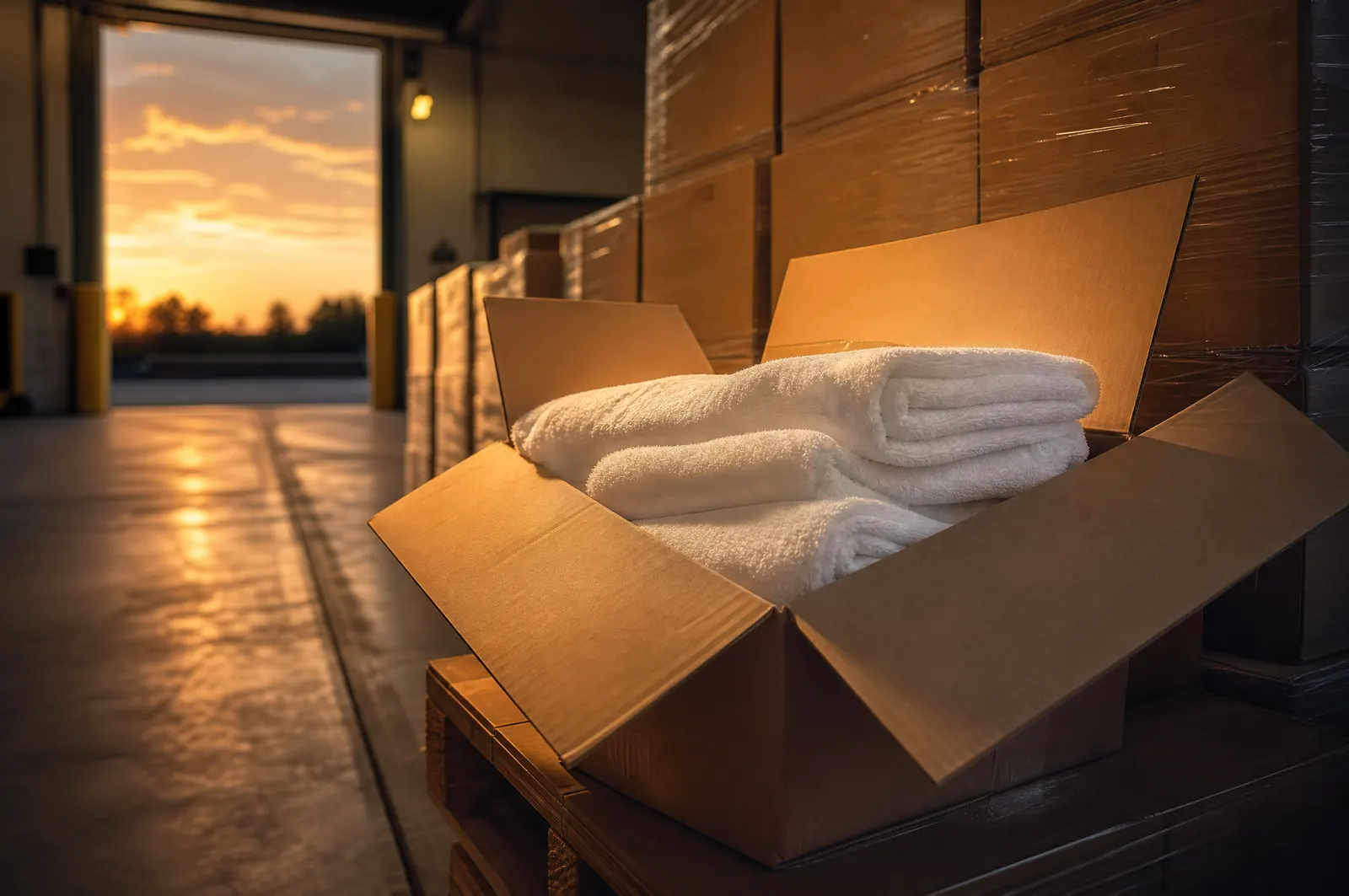 Cartons stacked on a warehouse loading dock at golden hour, one carton open to show plush white towels