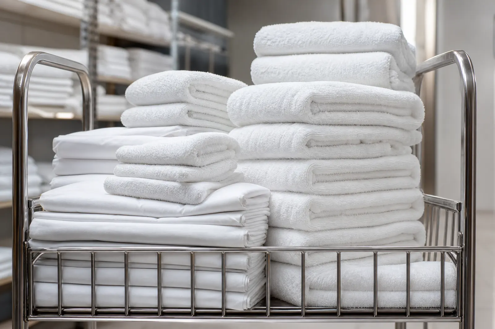 A linen trolley loaded with freshly delivered plush white towels in a bright hotel linen room