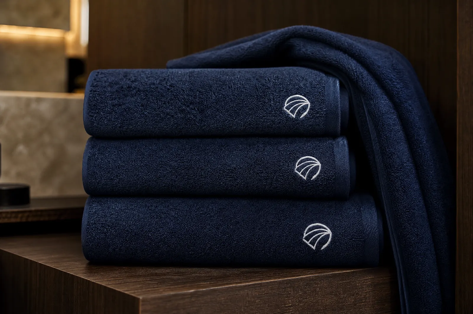 Plush navy hand towels with a small white embroidered emblem on the corner