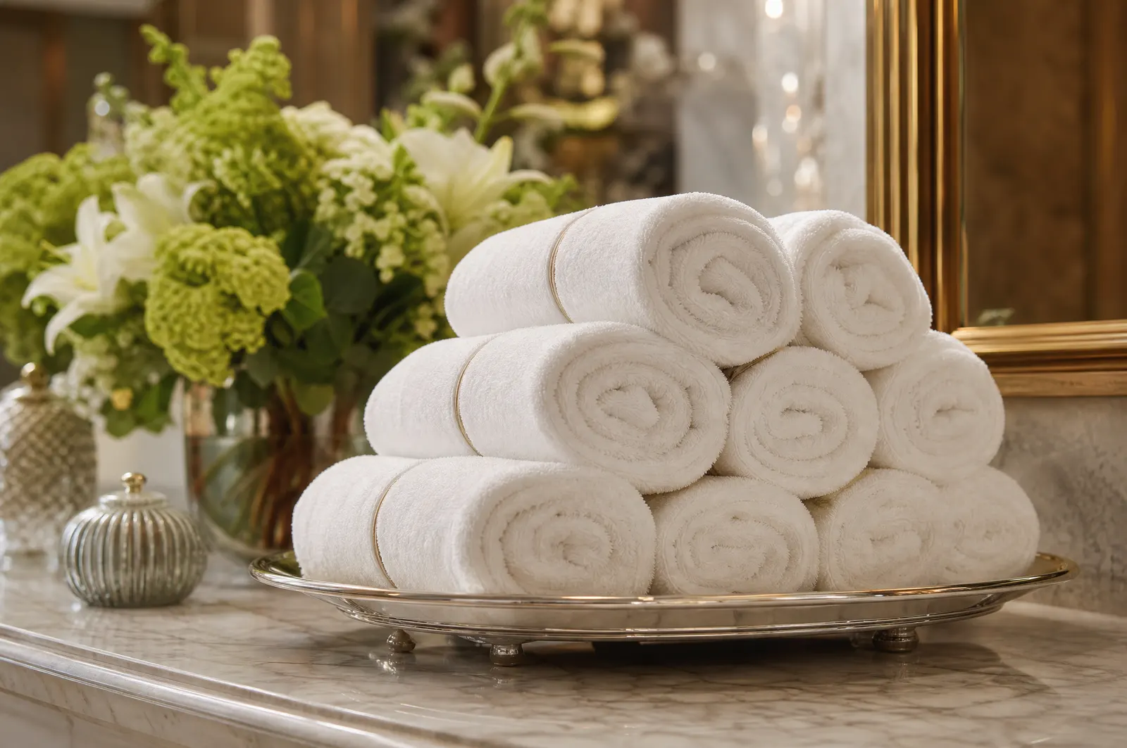 Rolled plush white towels with a thin embroidered border on a silver tray in a hotel lobby