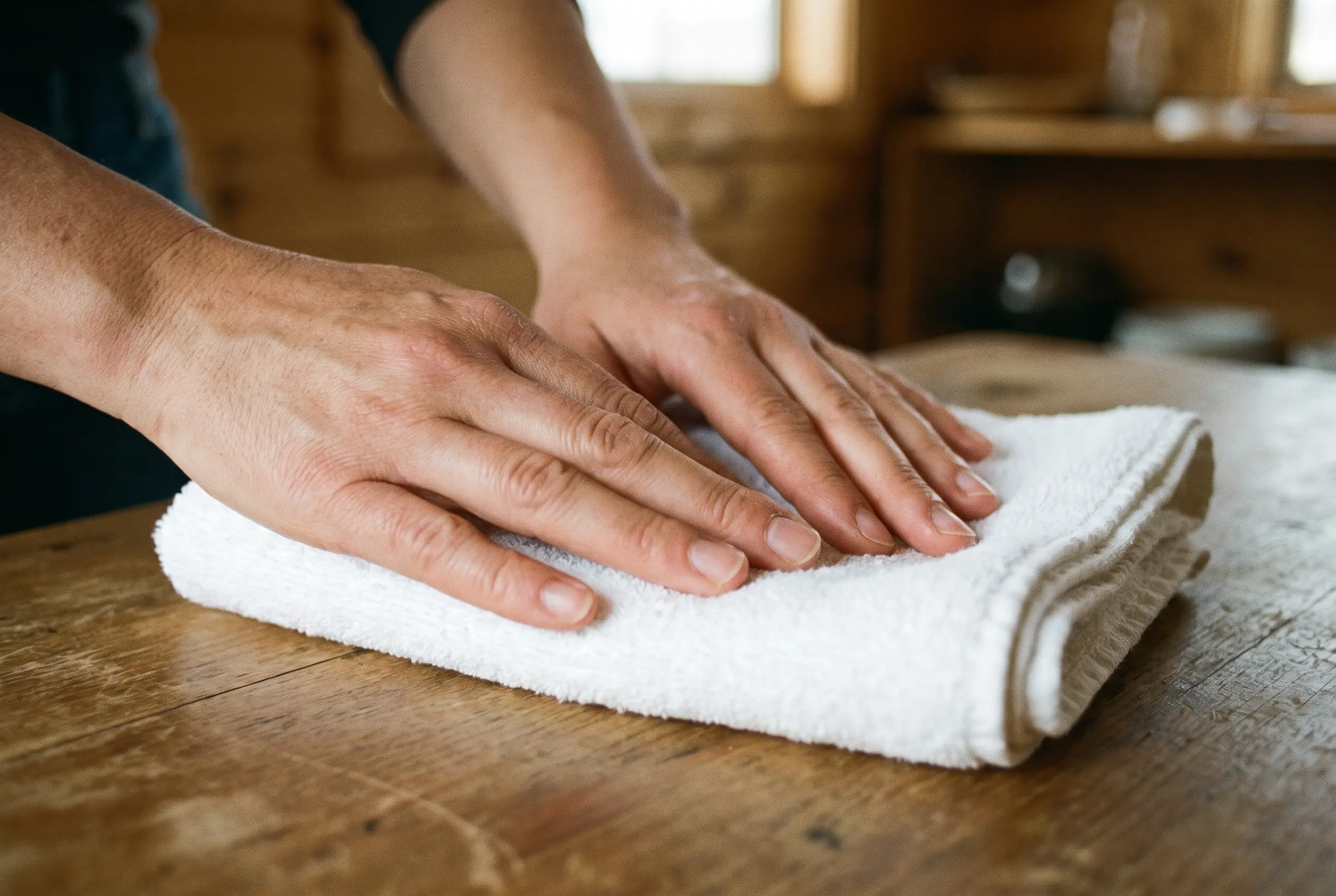 Hands folding a white towel on a timber table