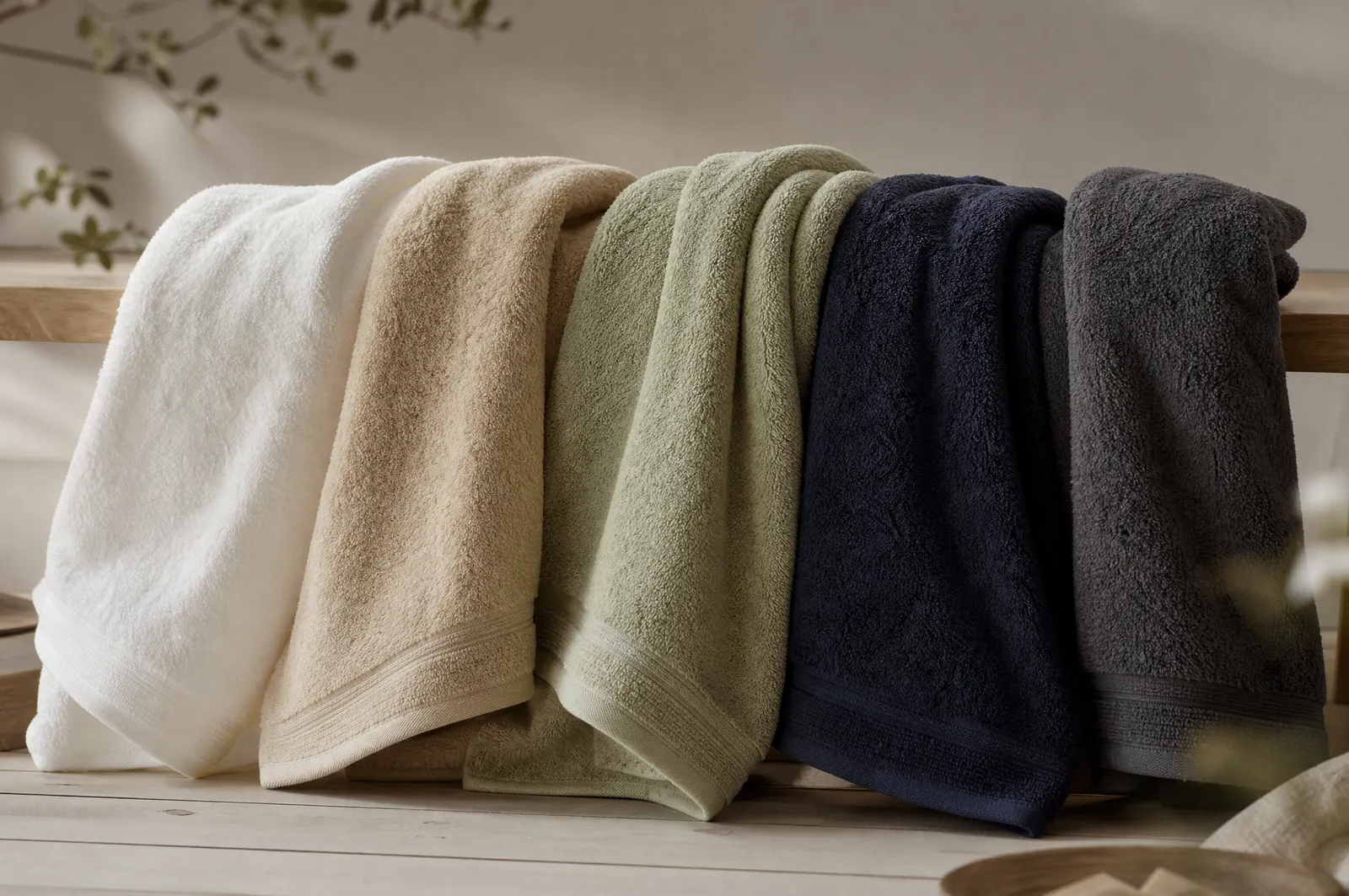 Thick plush towels in white, sand, sage, navy and charcoal arranged as a colour fan