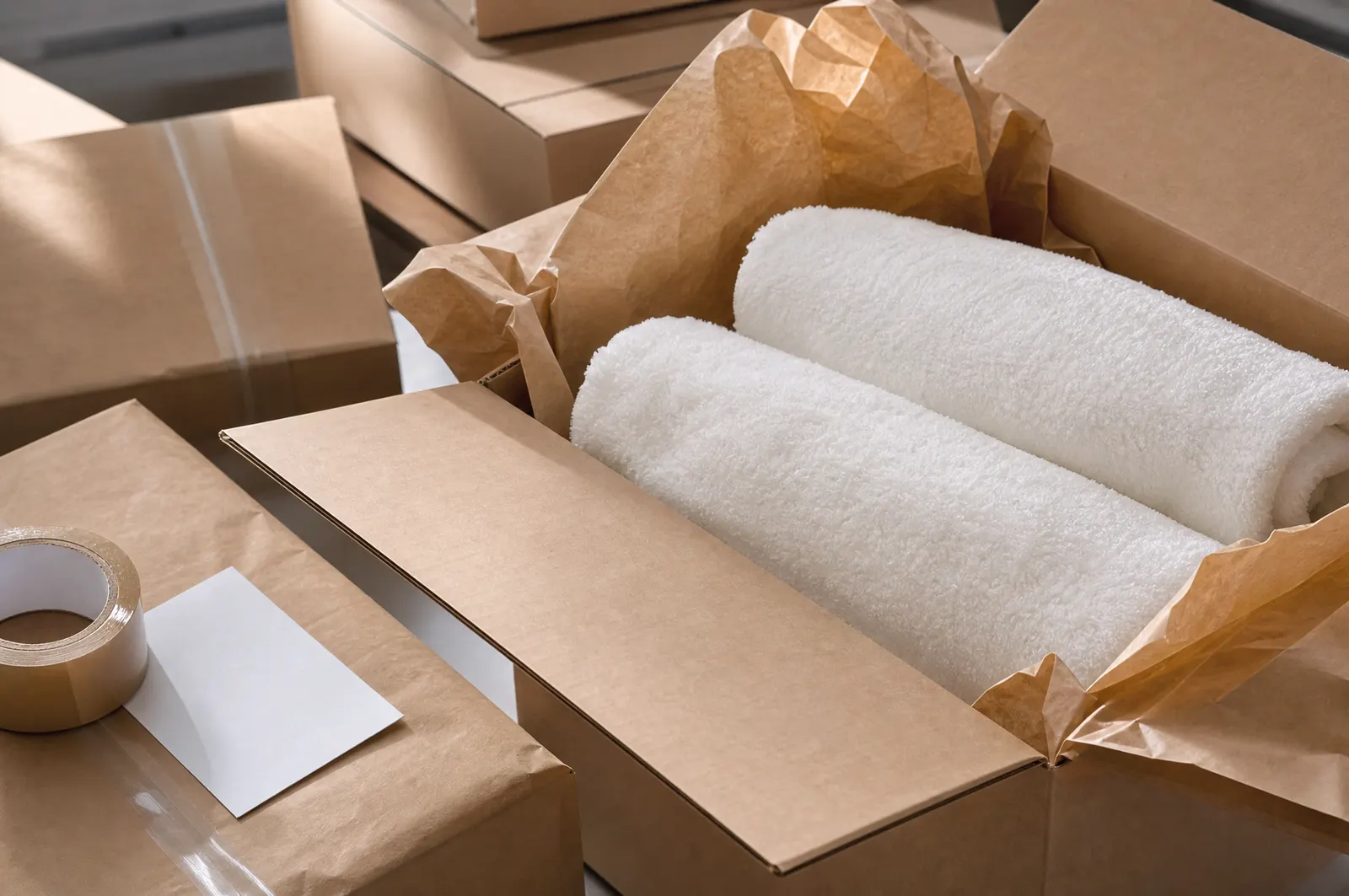 Cartons of plush white towels packed with kraft paper ready to ship