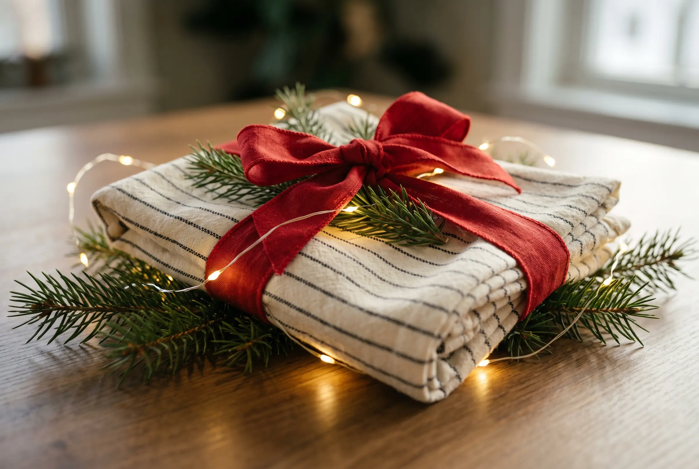 A folded striped towel tied with a red festive band