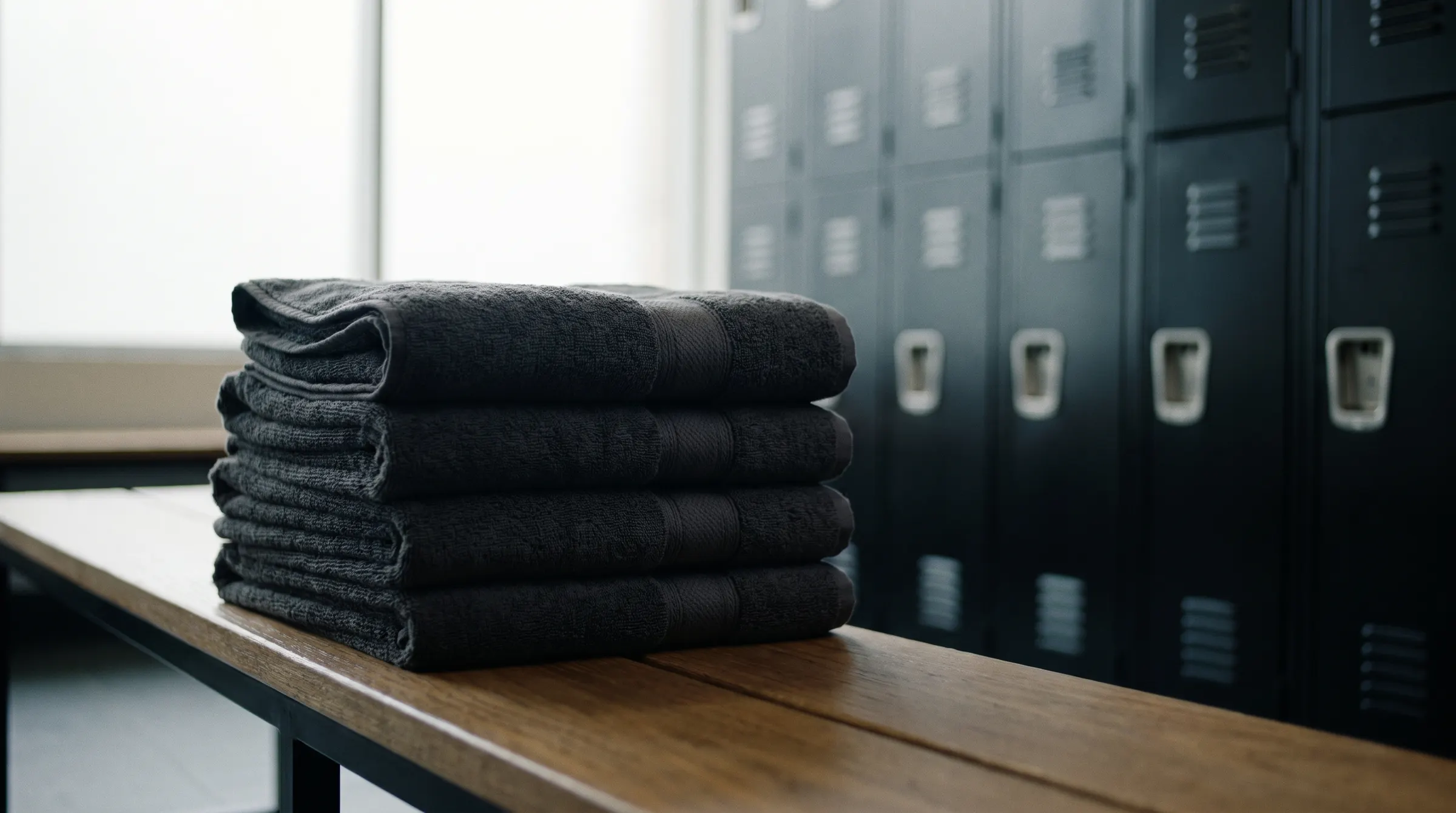 A gym bench with folded towels ready for use