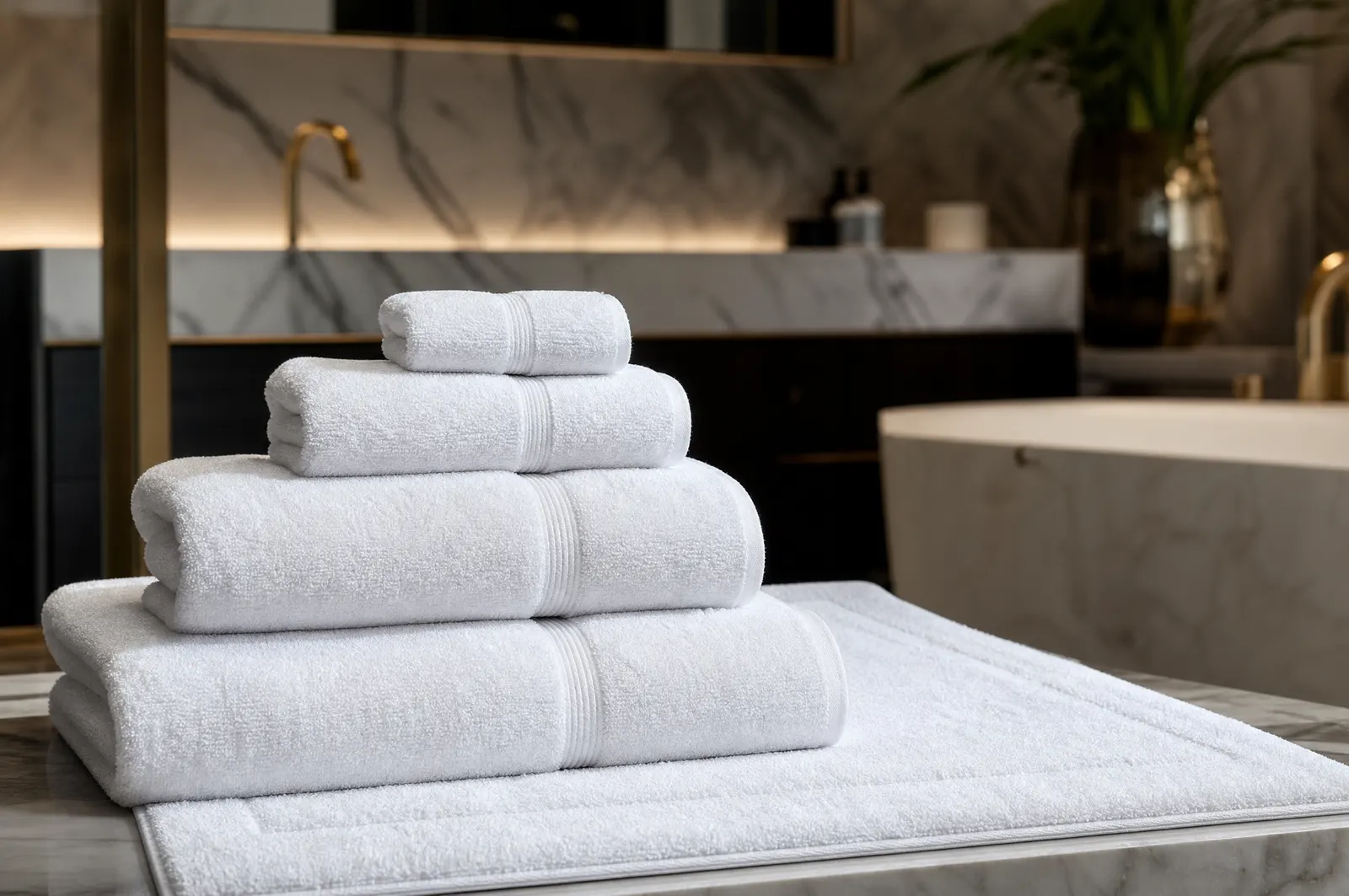A hotel towel set of bath sheet, bath towel, hand towel, face washer and bath mat on a marble bench