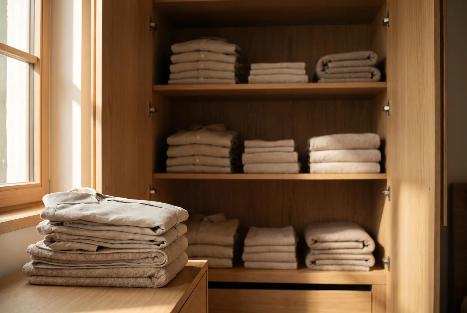 A warm linen cupboard with neatly folded towels