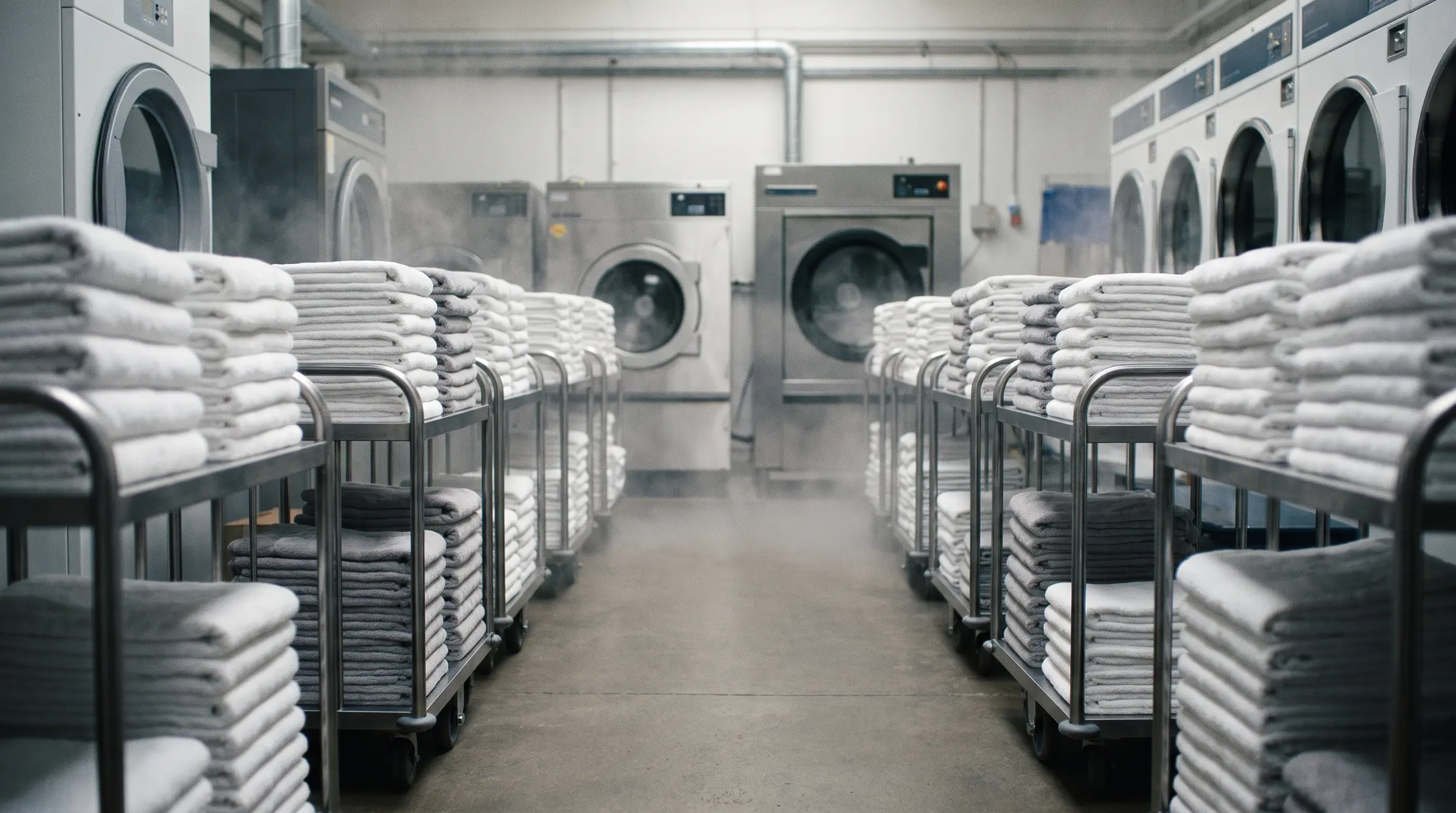 Stacks of folded white towels on trolleys in a laundry room