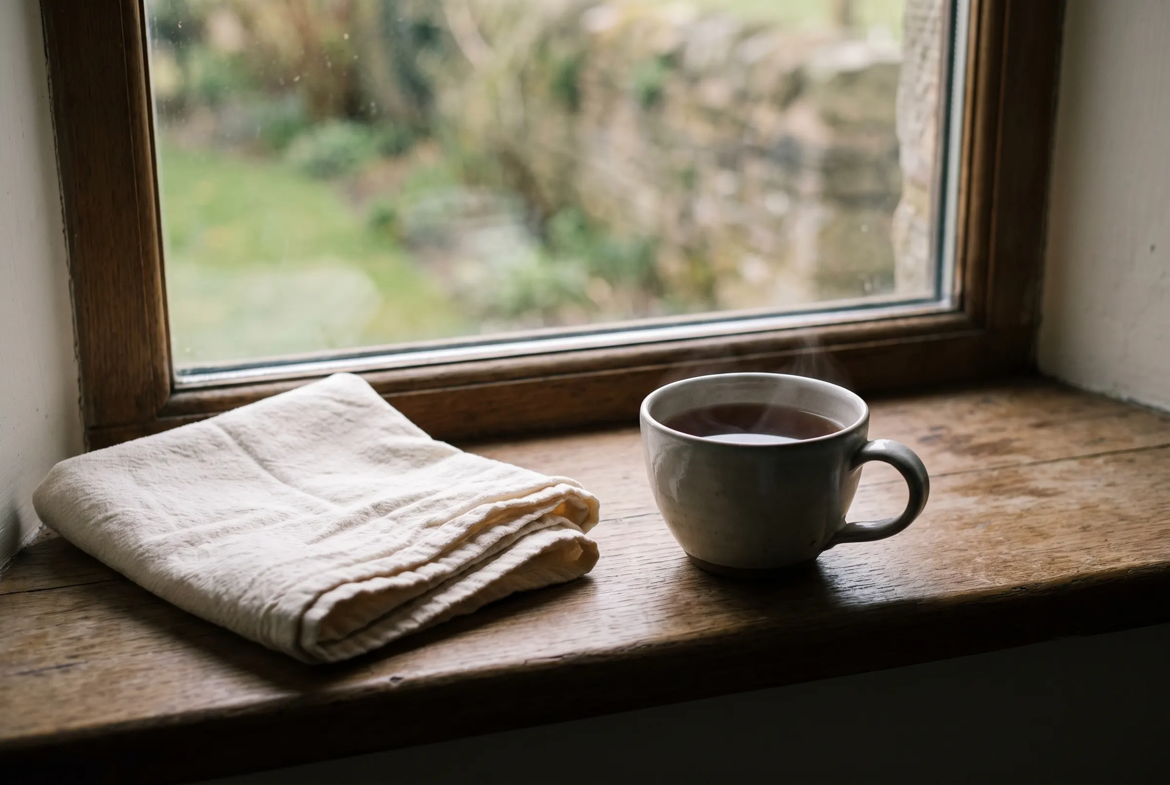 Morning light through a window onto a folded towel