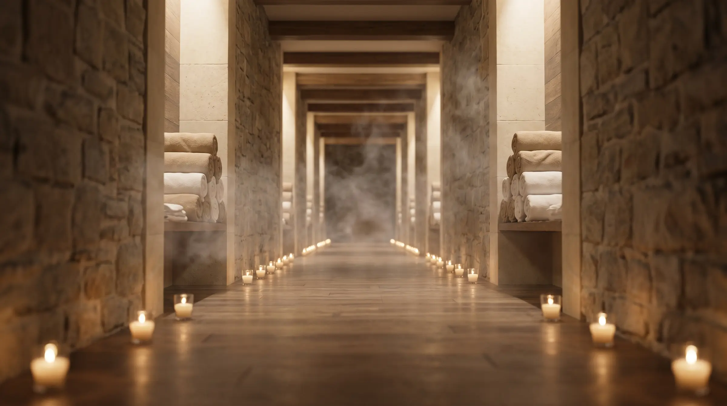 A candlelit spa corridor with rolled towels in alcoves