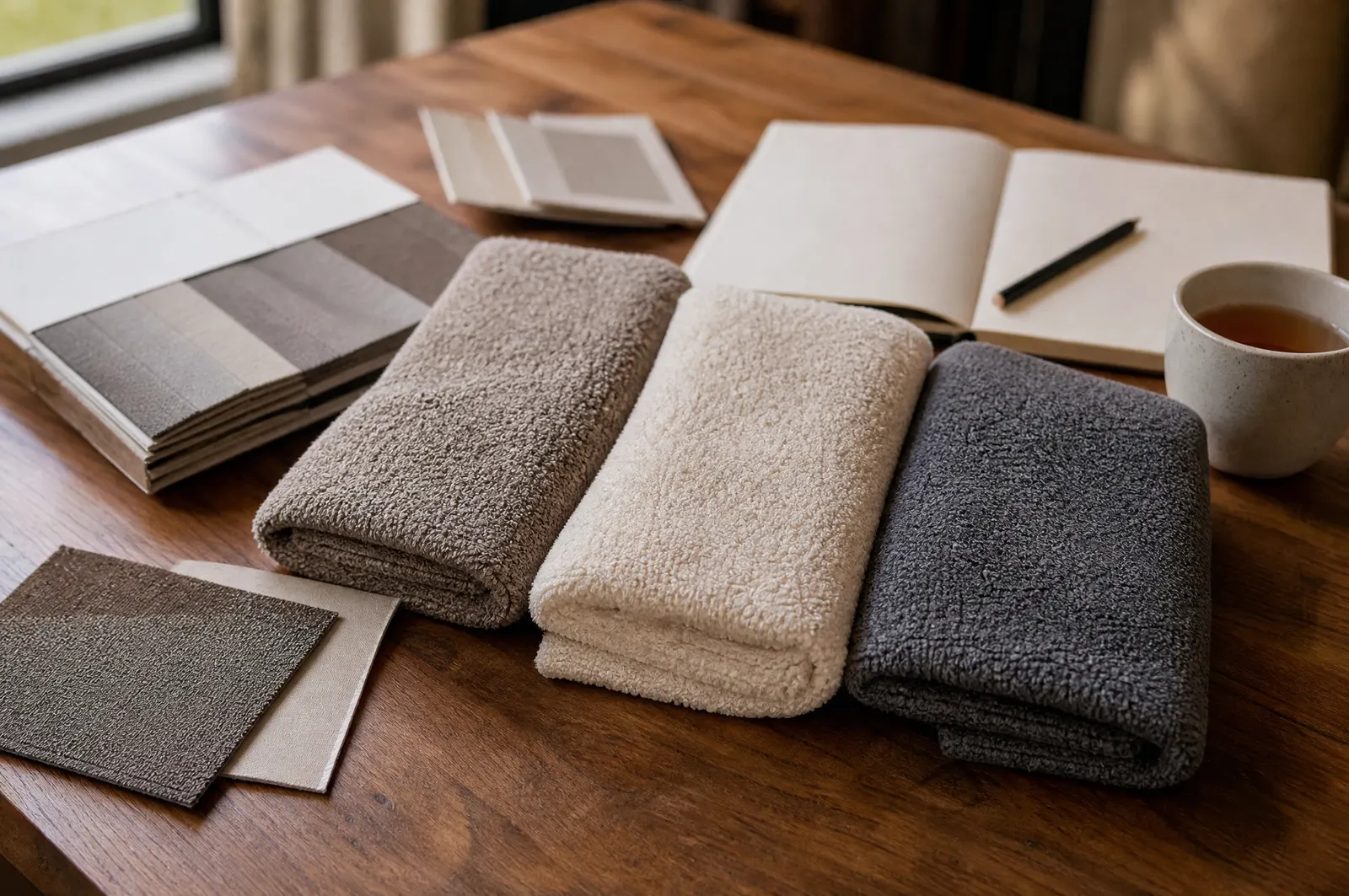 Plush towel samples, colour swatches and a notebook on a wooden desk
