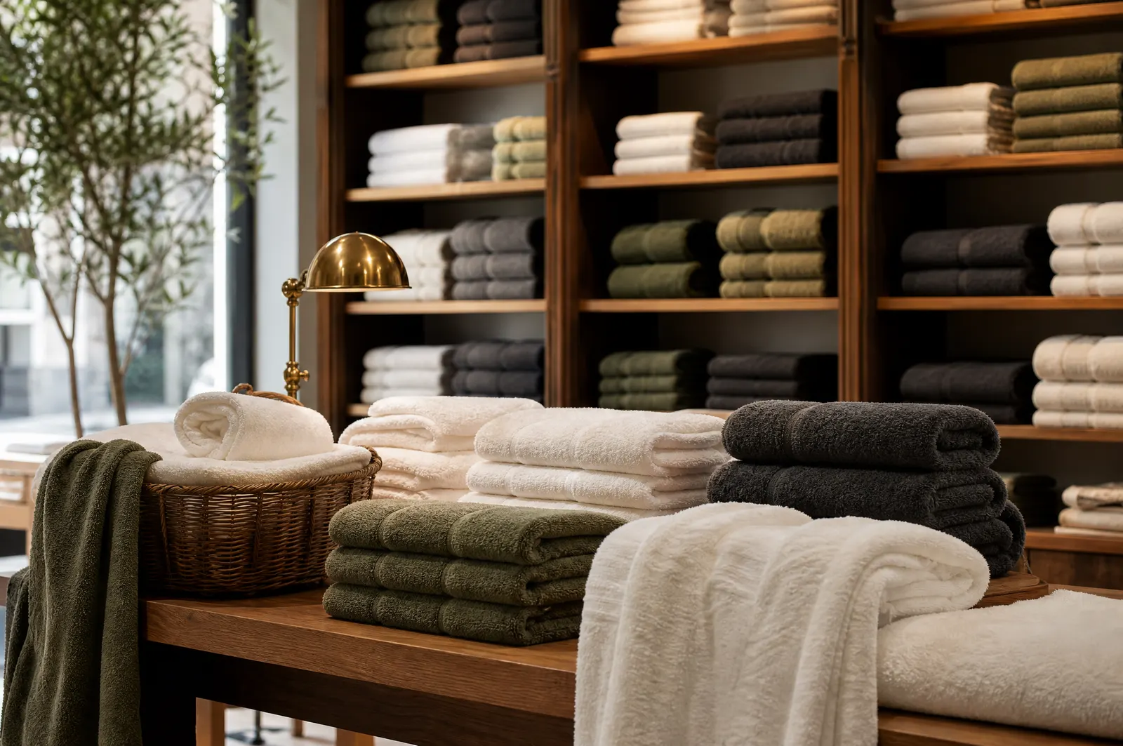 Thick plush towels on the shelves of an independent homewares shop