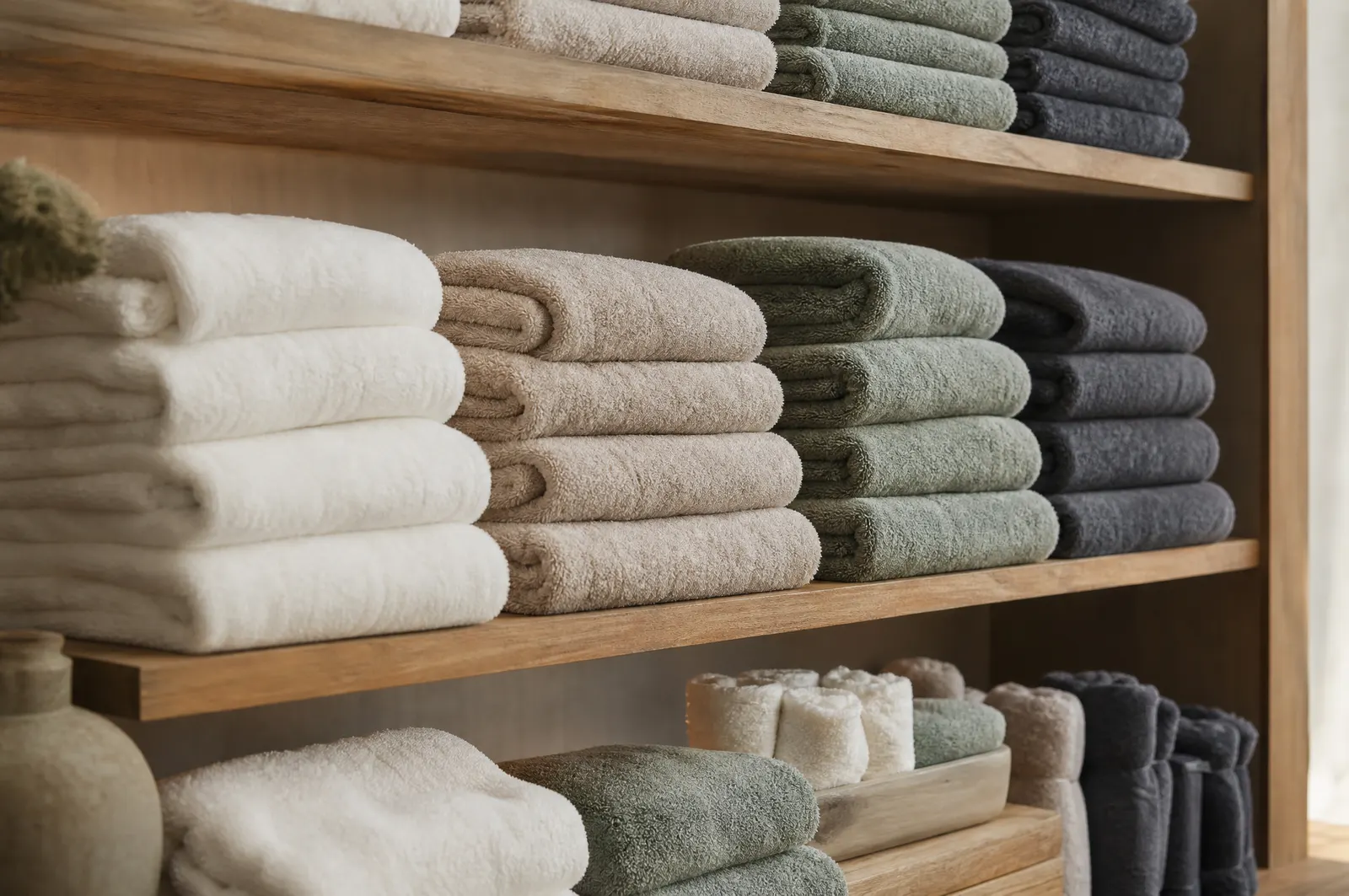 A wall of plush towels in graduated colours on timber shelves