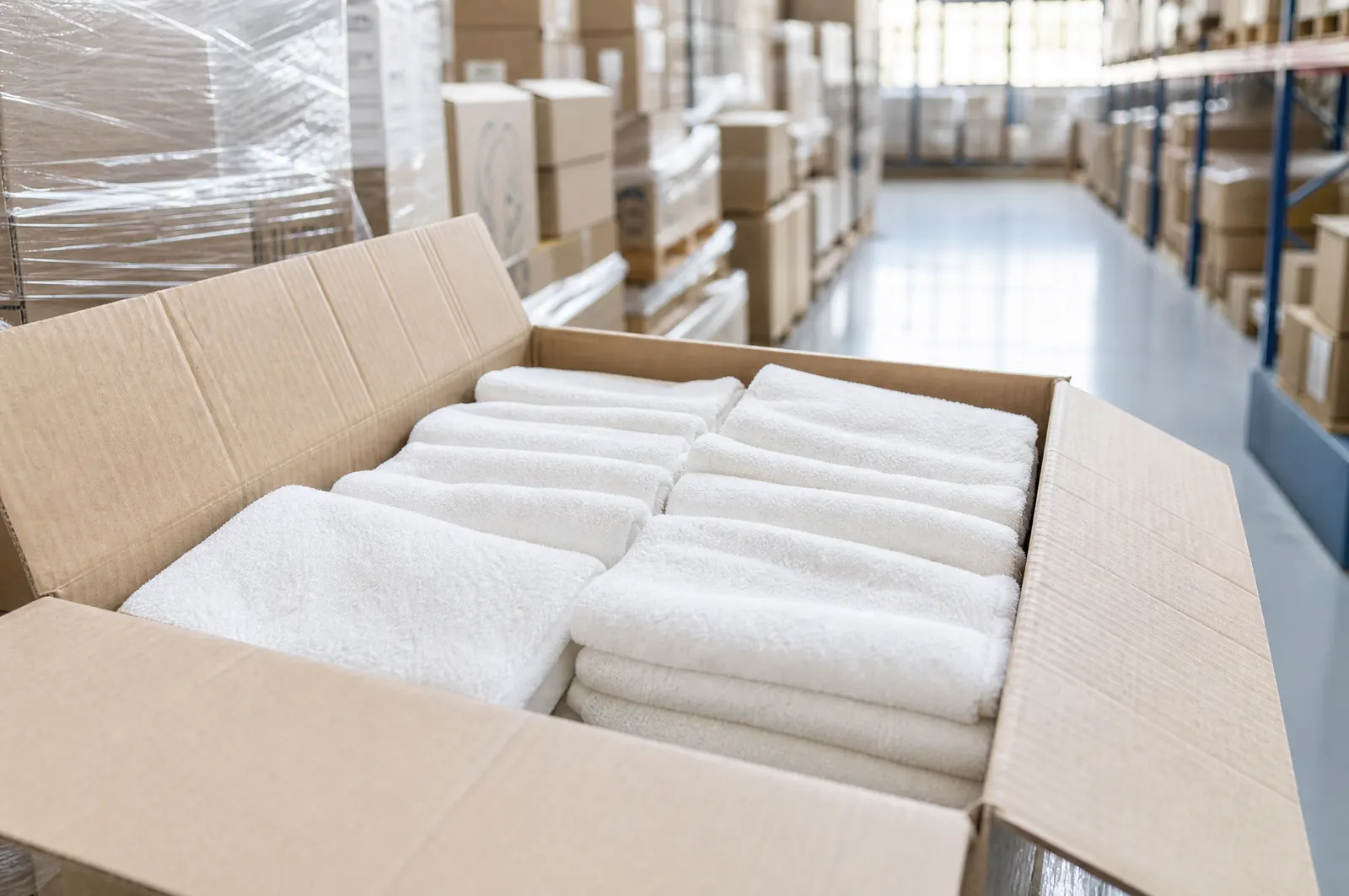 A bright warehouse aisle with cartons of plush white towels