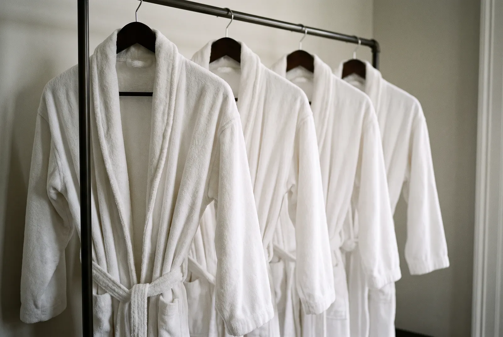 White hospitality bathrobes hanging in a row