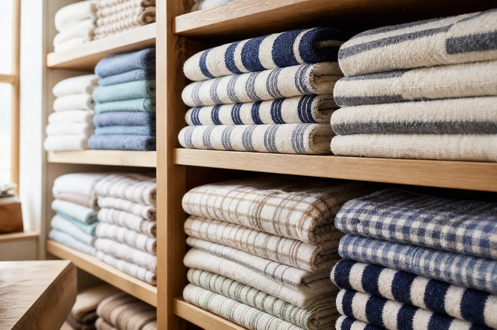 Open shelves of plush patterned towels in stripes and checks